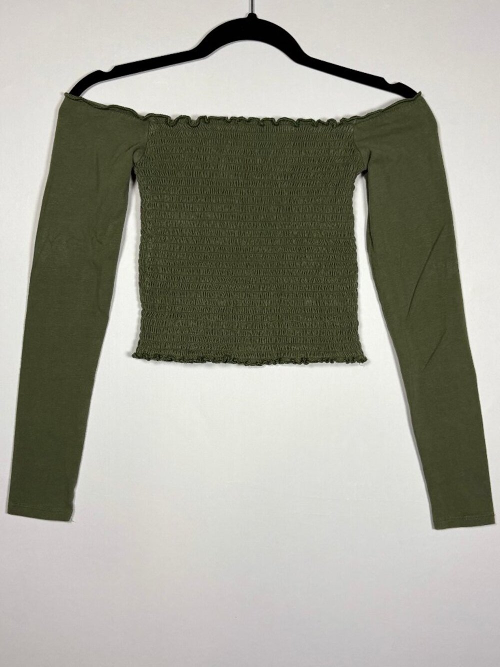 Hollister Olive Green Smocked Off the Shoulder Long Sleeve Lettuce Hem Top Size